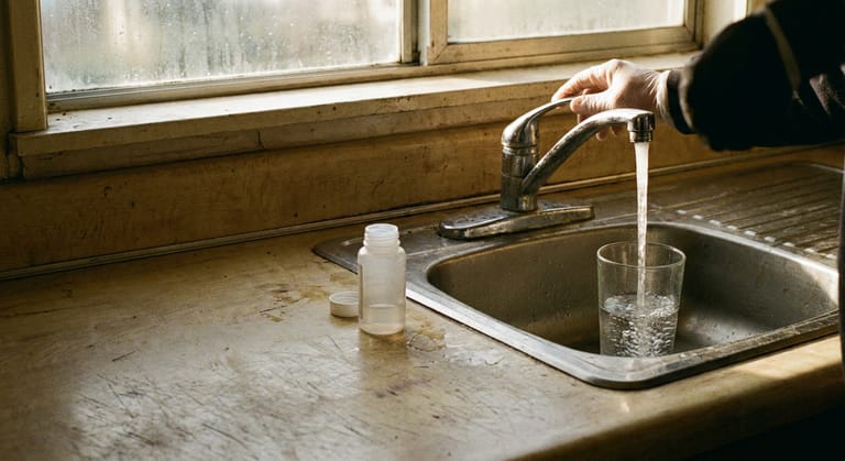 Clear water running from an old chrome kitchen faucet into a plain glass, with an empty screw cap sample bottle standing open on the counter.