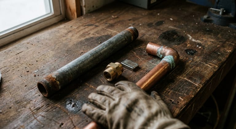 A rusted length of galvanized steel pipe and a length of copper tube lying side by side on a workbench with a dielectric union between them.