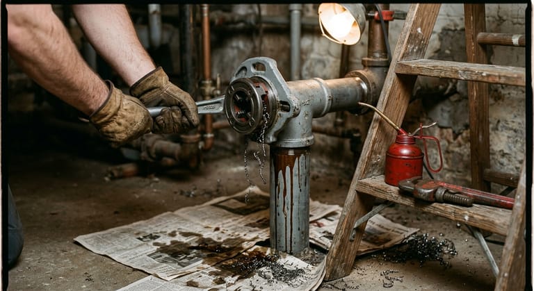 A manual threading die cutting a new thread on the end of a galvanized steel pipe, with cutting oil and metal swarf around it.