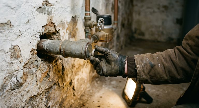 A gloved hand holds a magnet against a dull gray water pipe entering a basement through a foundation wall, near the meter.