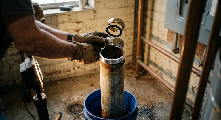 Gloved hands fitting a compression coupling onto the cut end of a vertical galvanized steel pipe in a utility room.