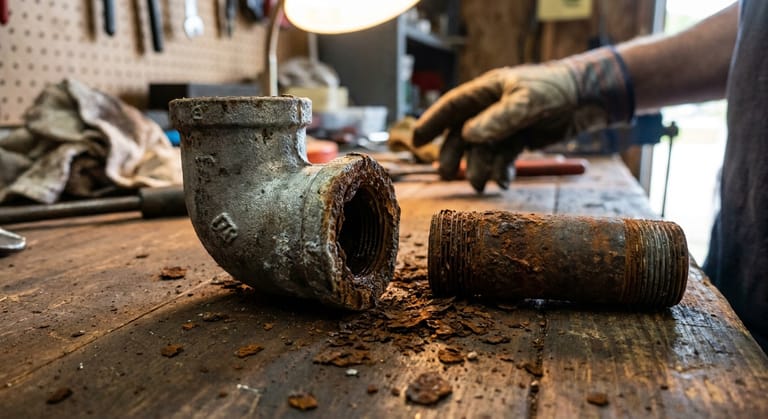 An old galvanized elbow fitting removed from a water line, standing on a bench with rust filling the threads and the bore narrowed.