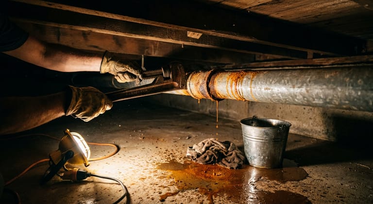 Gloved hands grip a pipe wrench on a rusted threaded fitting of an old galvanised water line in a basement.