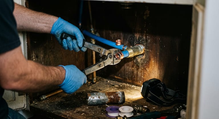 A crimp tool closing a copper ring on a new PEX line at a stub-out inside an open sink cabinet.