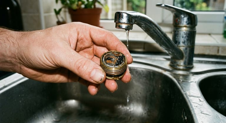 An unscrewed faucet aerator held over a sink, its mesh screen packed with dark rust colored sediment.