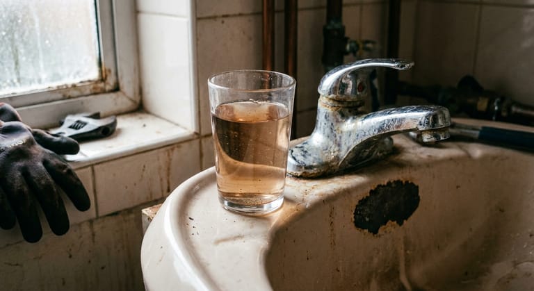 A glass of faintly discolored tap water standing on the edge of an old porcelain sink in front of a worn chrome faucet.