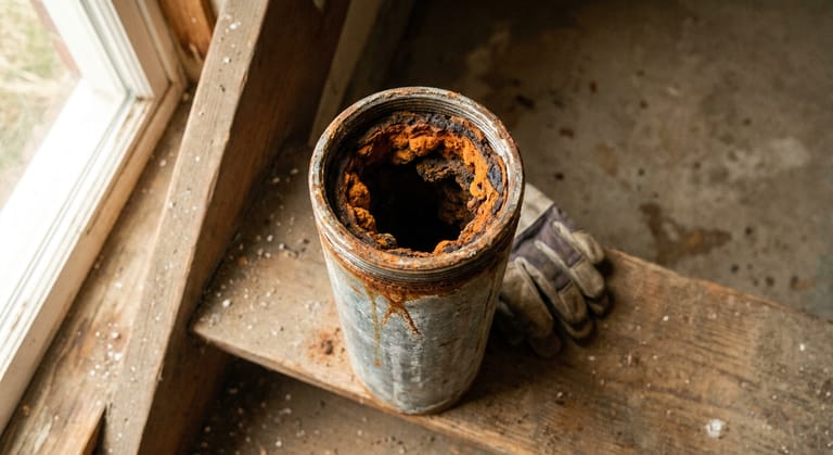 A sawn galvanized pipe seen end on, its bore narrowed to a small opening by thick rust and scale.
