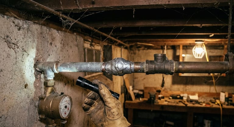 A gloved hand aims a flashlight at a dull gray water service pipe entering a basement wall beside the water meter.