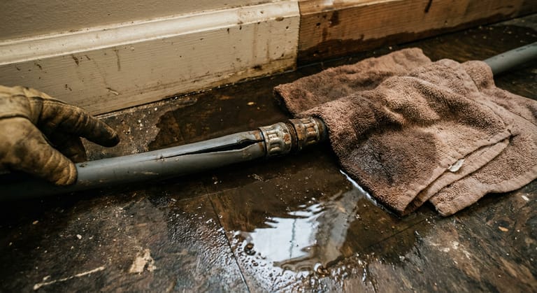 A split length of gray polybutylene tubing with a metal crimp fitting lying on a wet floor beside a soaked baseboard.