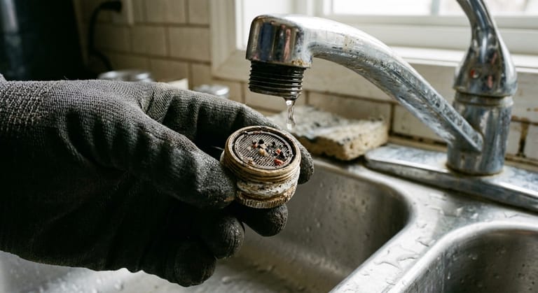 Gloved fingers hold an unscrewed faucet aerator over a sink, with grit visible in its mesh screen.
