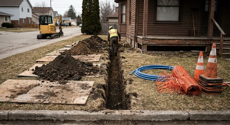 An open trench running from a curb to a house foundation with a coil of new blue water pipe and safety fencing beside it.
