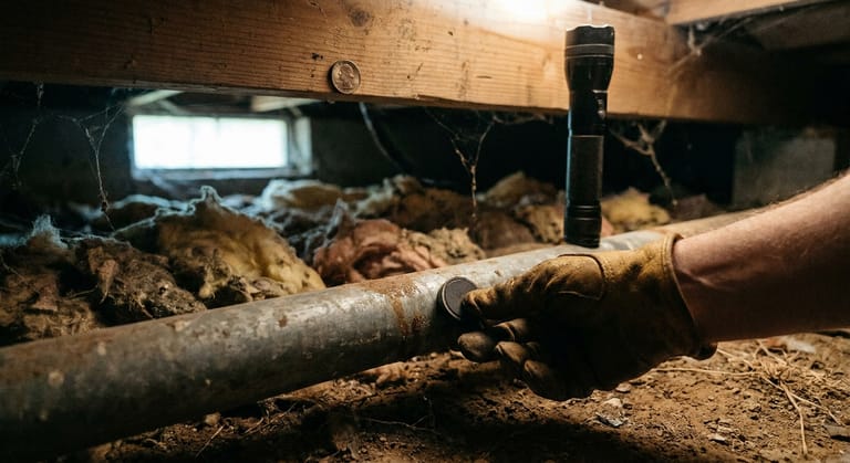 A gloved hand holding a magnet against a dull grey supply pipe in a crawl space, with a coin and a flashlight resting on the joist above.