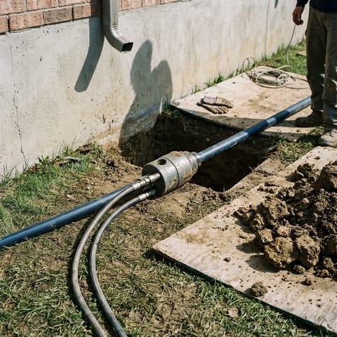 A pipe bursting head and new plastic pipe beside an excavated entry pit at a house foundation, with hydraulic hoses running across the lawn.