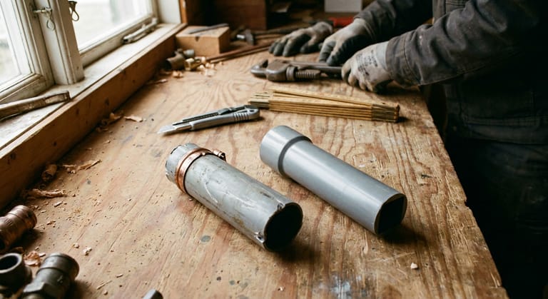 Two short lengths of grey plastic water pipe on a workbench, one older with a copper crimp ring still fitted and one newer with a clean cut end.