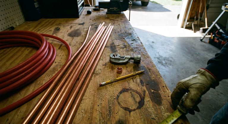 A coil of red PEX tubing beside straight lengths of copper pipe on a workbench, with a tubing cutter between them.