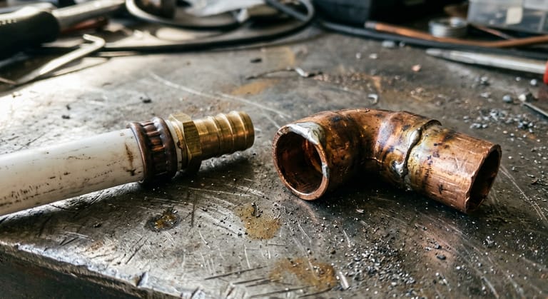 Two pipe joints side by side on a bench: a crimped PEX connection and a soldered copper elbow.
