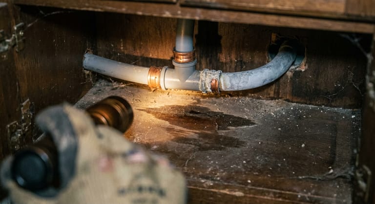 A gray polybutylene tee with copper crimp rings and mineral crust under a bathroom vanity.
