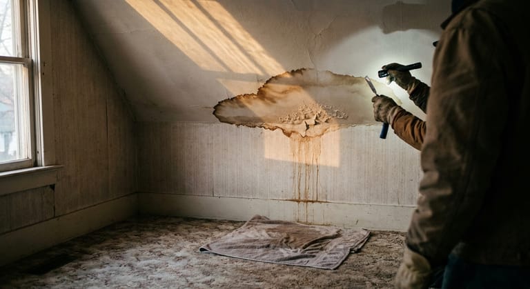 A brown water stain with bubbled paint spreading across a bedroom ceiling below a plumbing run.