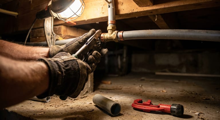 Gloved hands squeezing a crimp tool onto a copper ring at a joint in gray polybutylene tubing, with the cut out old section lying on the floor below.