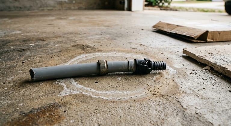 A cut-out length of grey plastic water pipe on a concrete floor with its plastic fitting split at the joint and the crimp band slipped.
